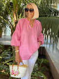 Casual V-neck Solid Color Cotton and Linen Long-sleeved Top