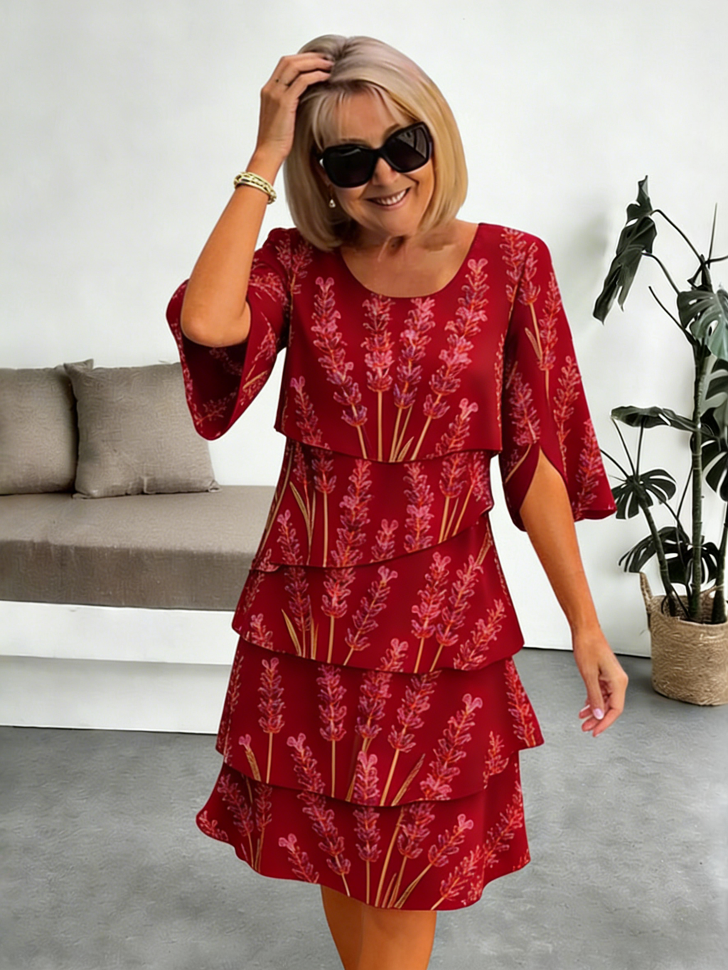 Lavender Chiffon Vacation Prints Color Round Neck Cake Skirt Splicing Dress Mid-length
