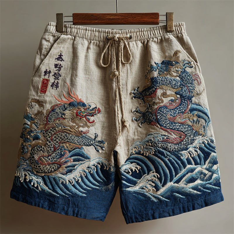 Japanese Dragons Sea Waves Embroidered Linen Shorts
