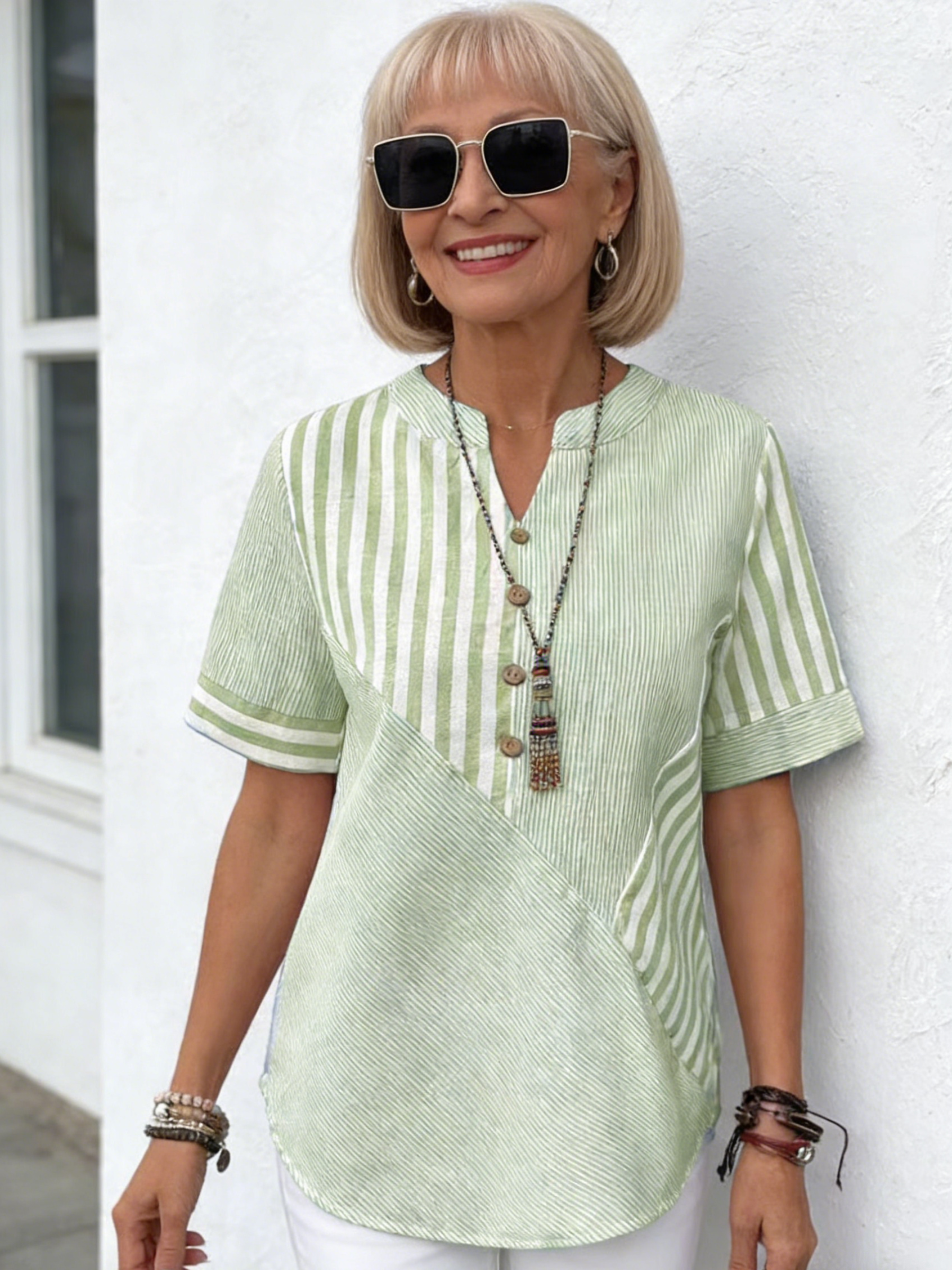 Women Blouse Casual Striped Short Sleeve Notched Regular Loose Shirt