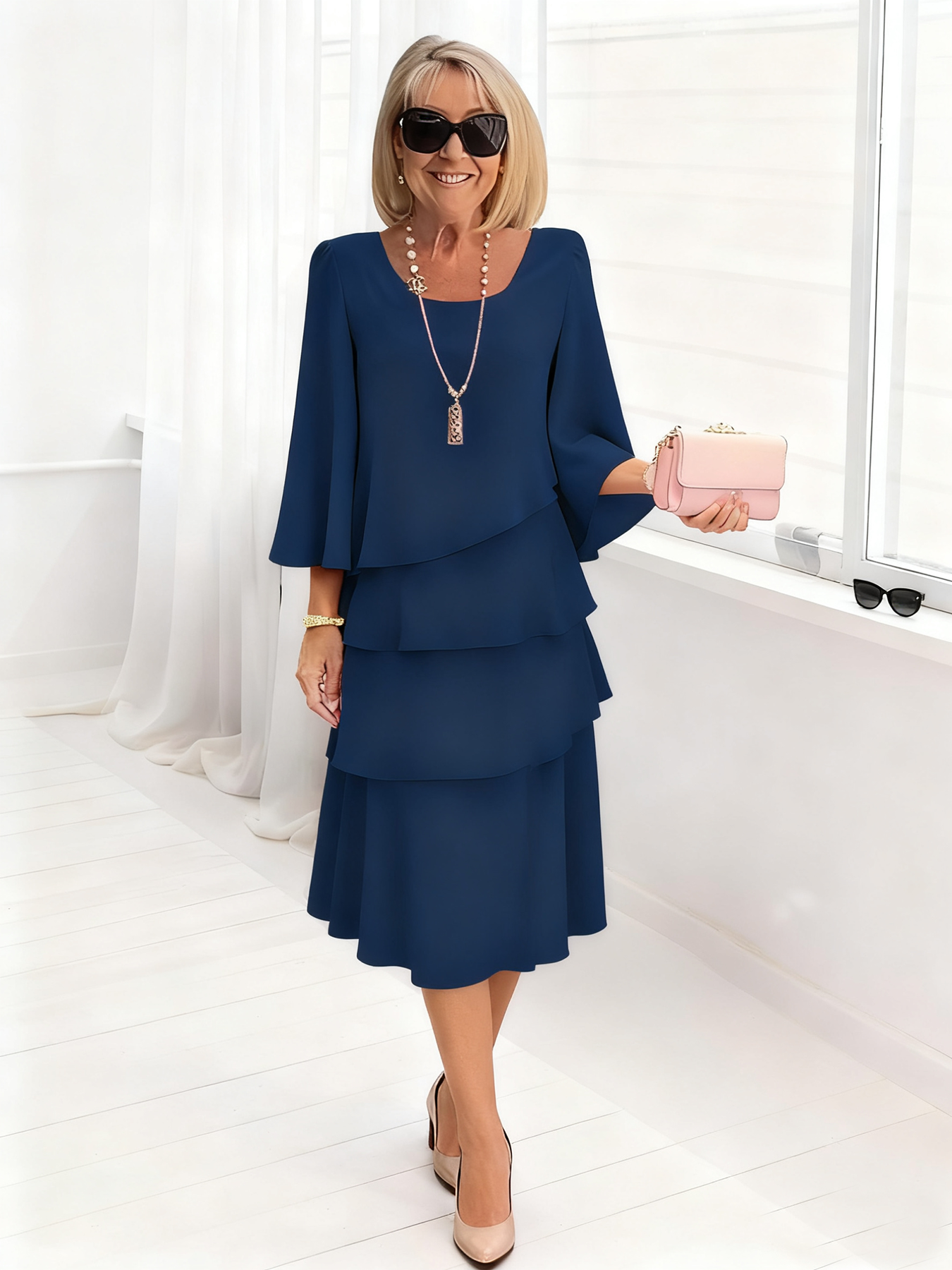 Long Dress Half Sleeve Fashion Cake Skirt Women's Temperament Loose and Thin Round Neck Dress