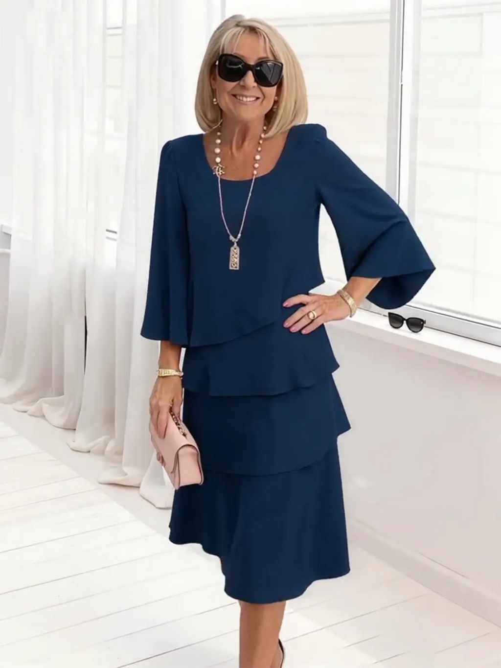 Long Dress Half Sleeve Fashion Cake Skirt Women's Temperament Loose and Thin Round Neck Dress