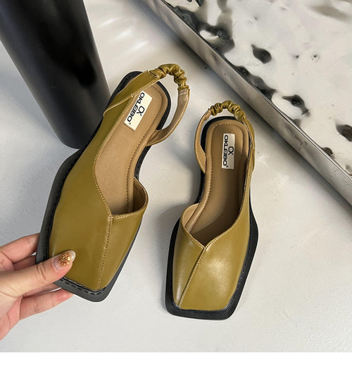 Back Empty Bag Head Sandals Women's Spring and Summer Flat Bottom Wind Square Head Single Shoes French Retro Sandals Outer Wear