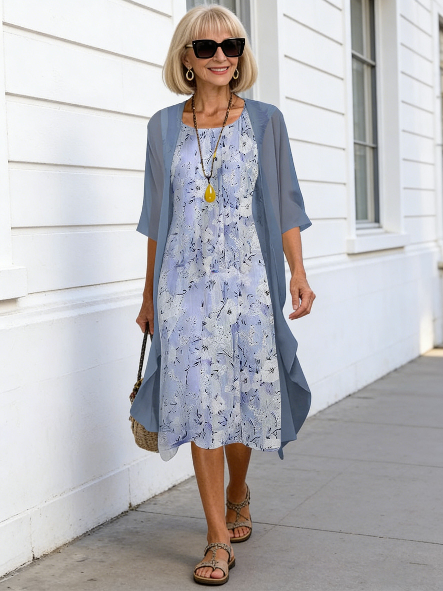 2Pcs Casual Printed Chiffon Dress Two-piece Set