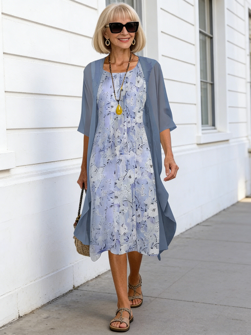 2Pcs Casual Printed Chiffon Dress Two-piece Set