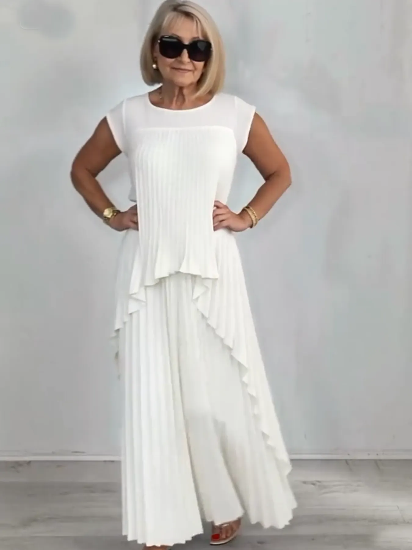 2Pcs Crew Neck Solid Color Sleeve Top Pleated Straight Pants Set Two-piece Set