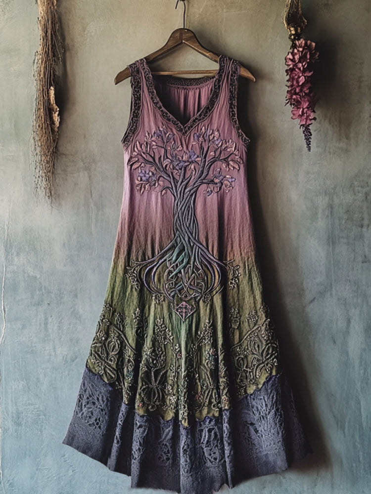 Vintage Viking Tribal Celtic Knot Life Of Tree Lace Patchwork Art Linen Tank Dress