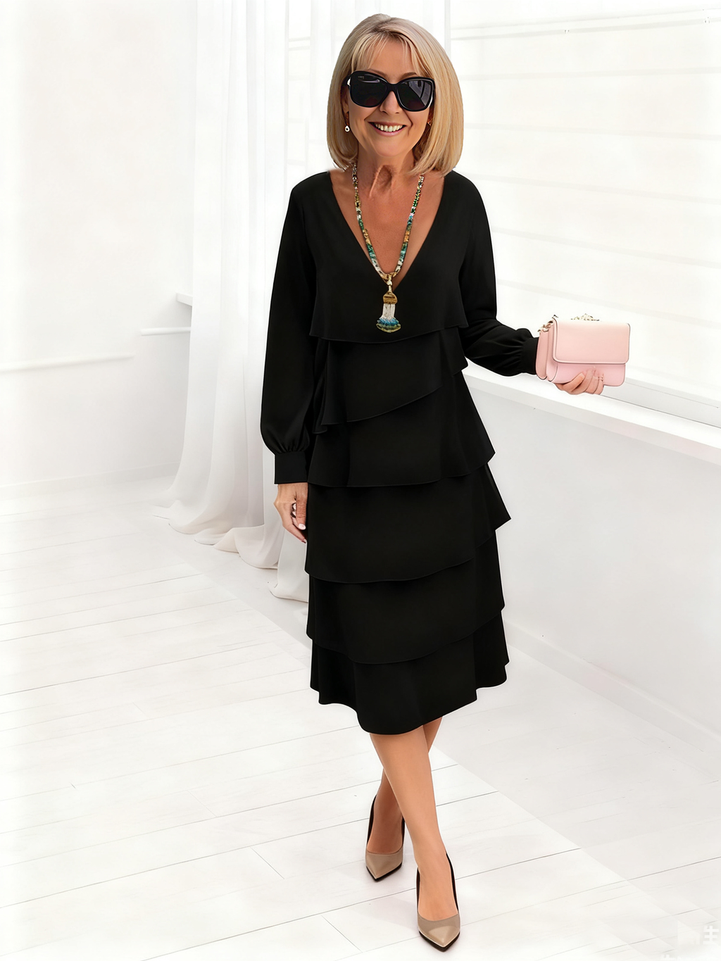 Deep V-Neck Long-sleeved Fashion Cake Skirt Women's Temperament Loose and Thin Round Neck Dress Women