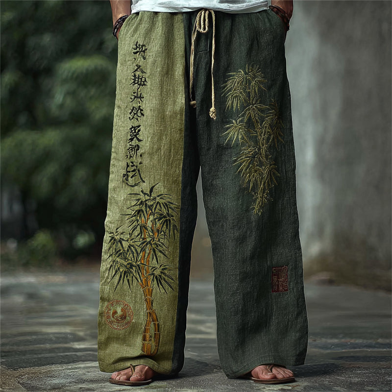 Men's Japanese Bamboo Calligraphy Art Contrast Linen Pants