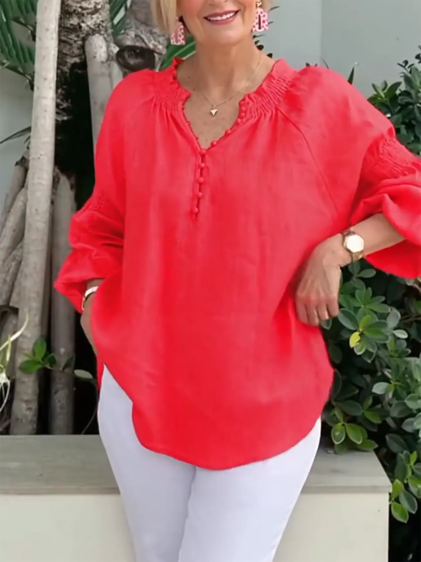 Casual V-neck Solid Color Cotton and Linen Long-sleeved Top
