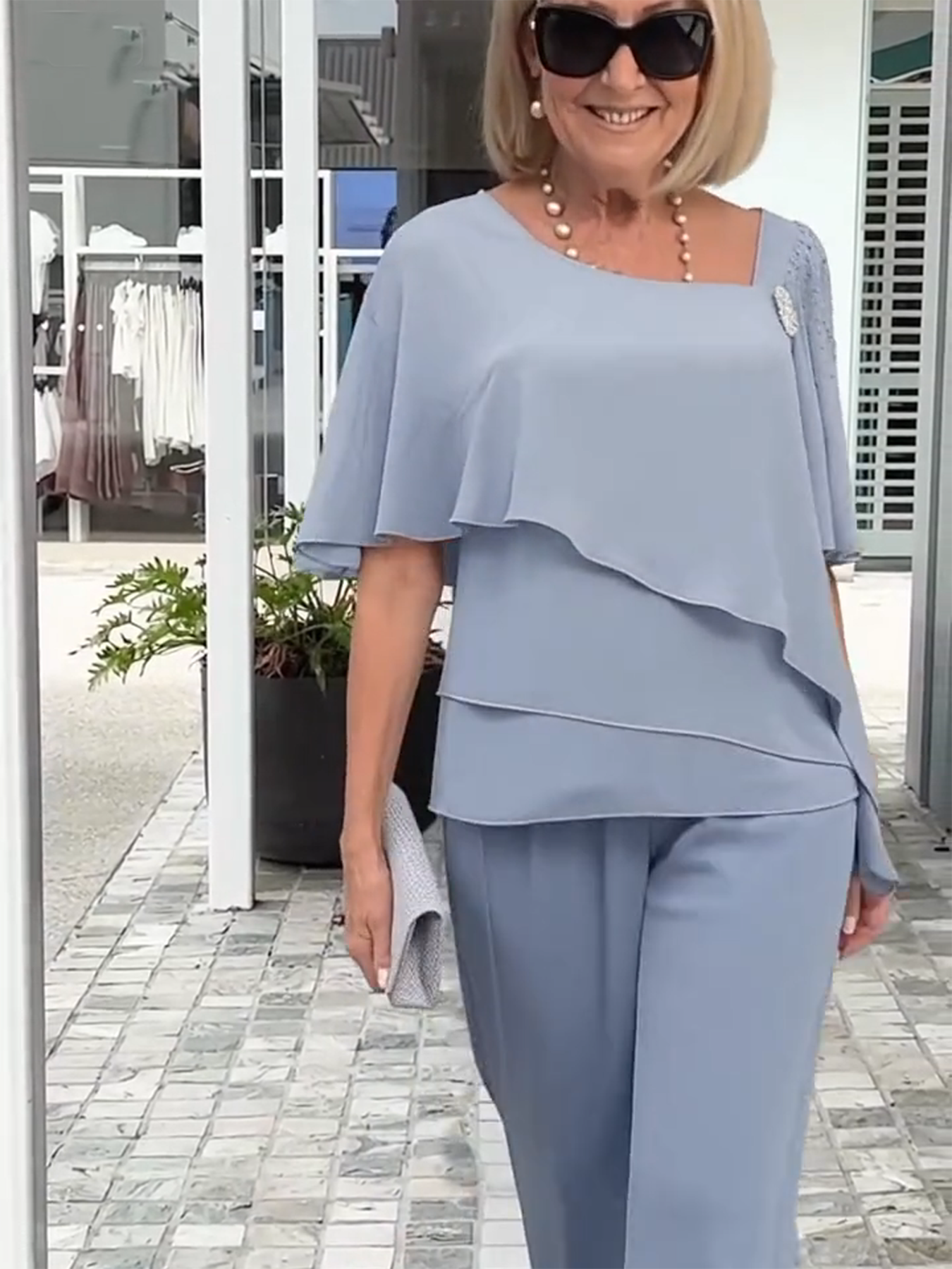 2Pcs Half-sleeve Beaded Top and Trouser Set