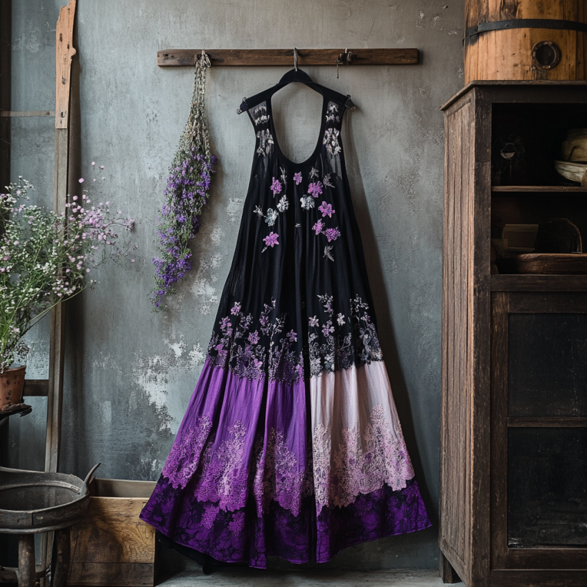 Boho Floral Embroidered Pattern Lace Patchwork Contrast Color Art Linen Dress
