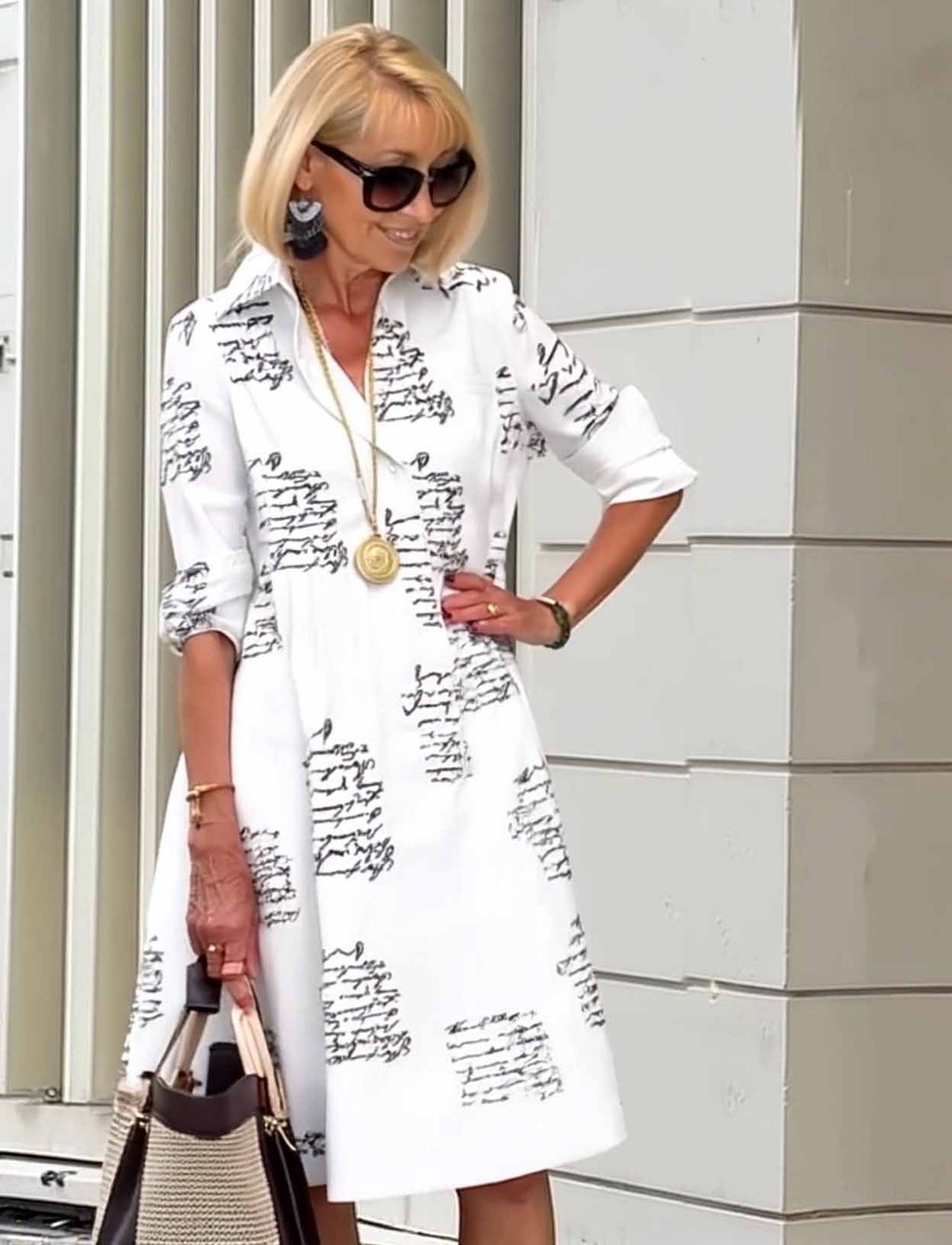 Casual Side Pockets Letter Printed Shirt Dress