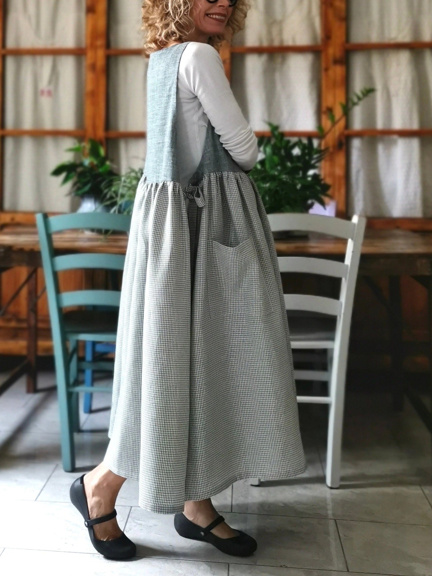 Grey Gingham Linen Apron