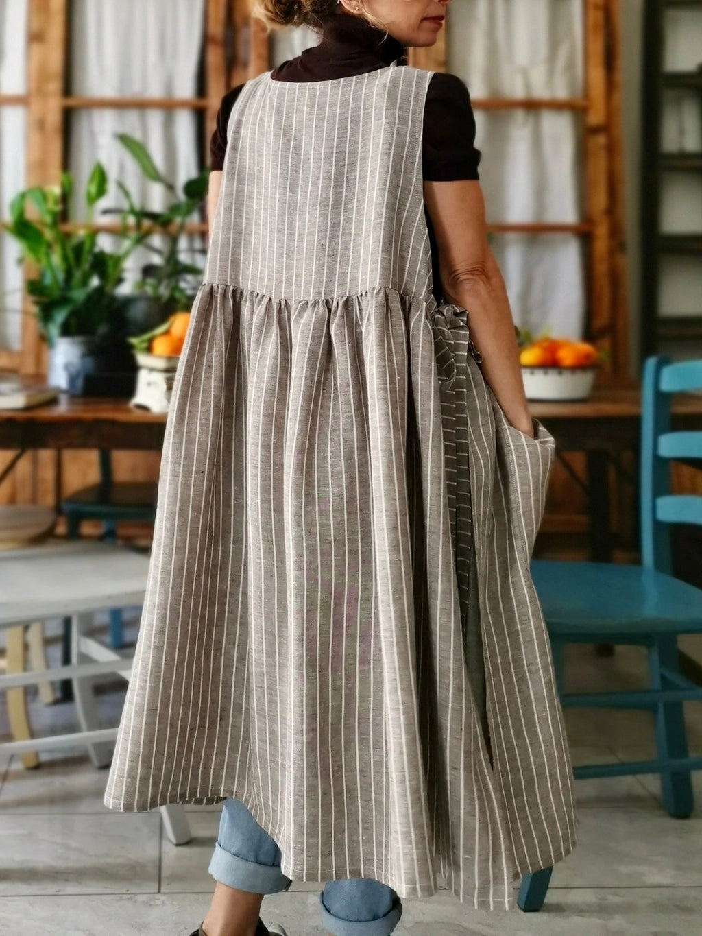 Brown Striped Cotton Women's Apron