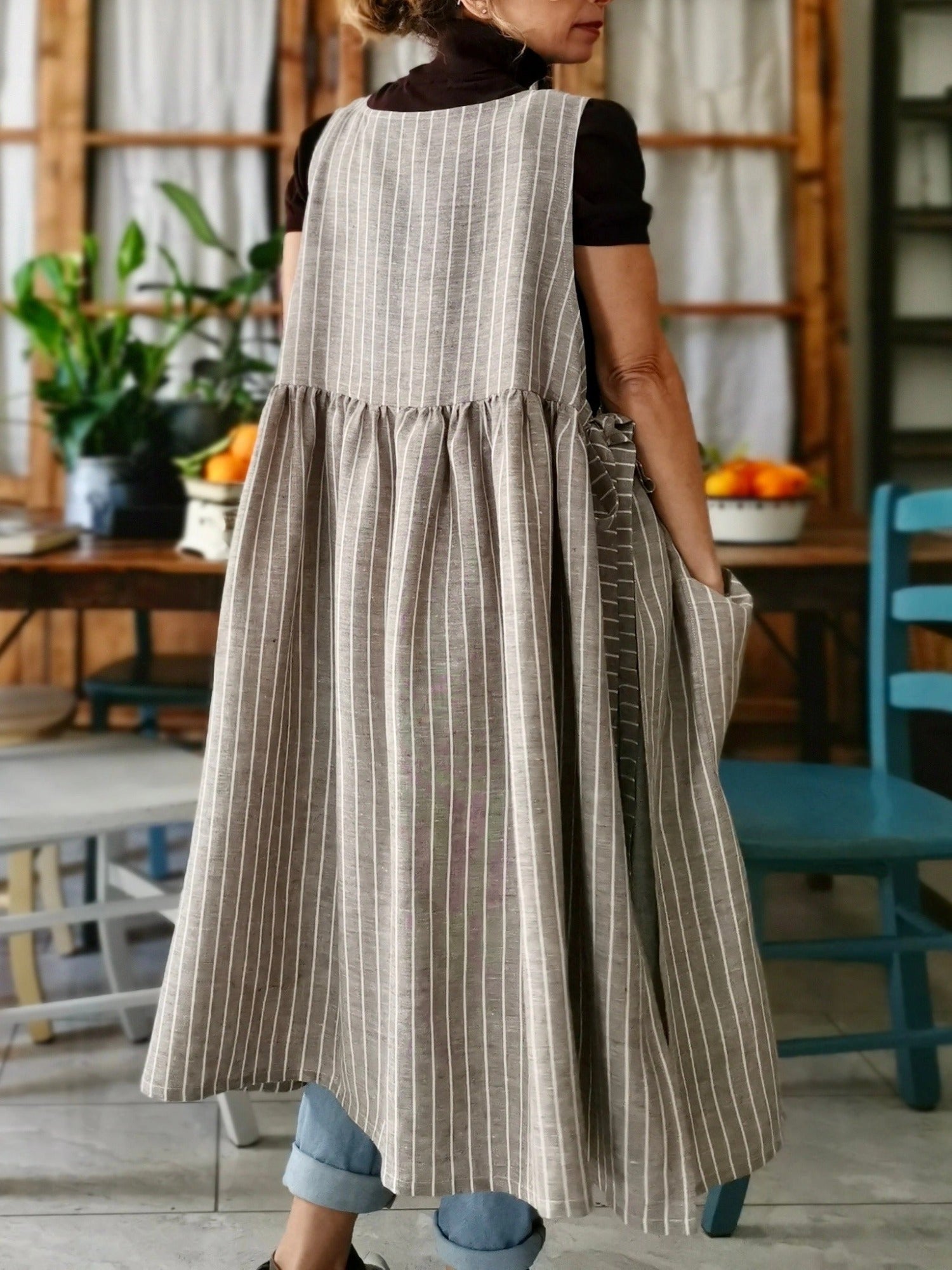 Brown Striped Cotton Women's Apron