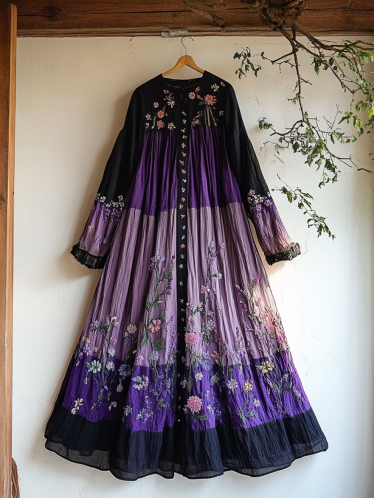 Vintage Boho Lavender Gradient Lace Art Linen Round Neck Maxi Dress