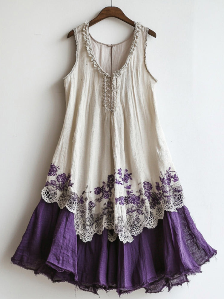 Vintage Lace Floral Embroidery Patchwork Art Tank Midi Dress