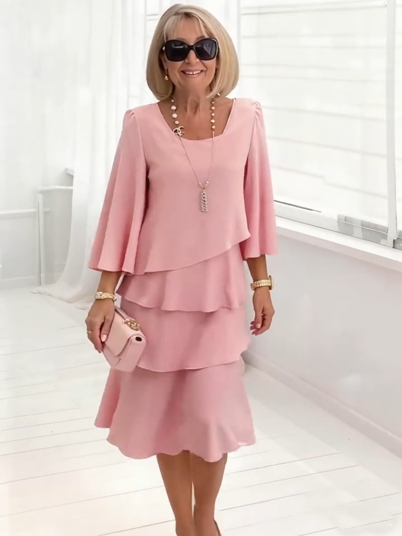 Long Dress Half Sleeve Fashion Cake Skirt Women's Temperament Loose and Thin Round Neck Dress