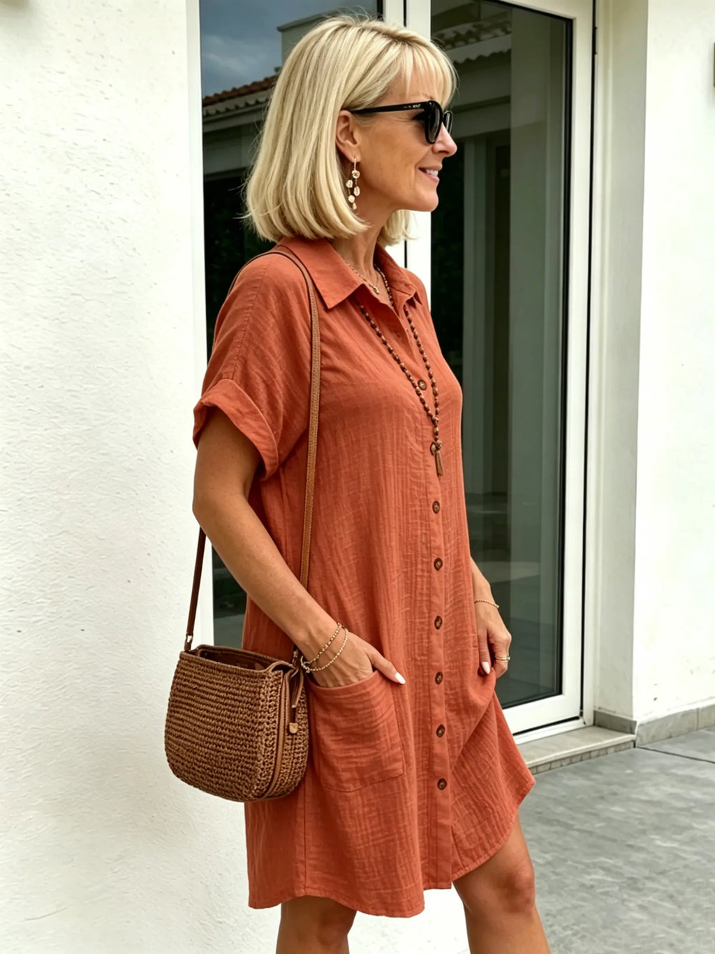 Solid Color Shirt Dress Simple, Made of Breathable, Featuring a Lapel Collar and Orderly Button Arrangement That Adds a Vintage Charm
