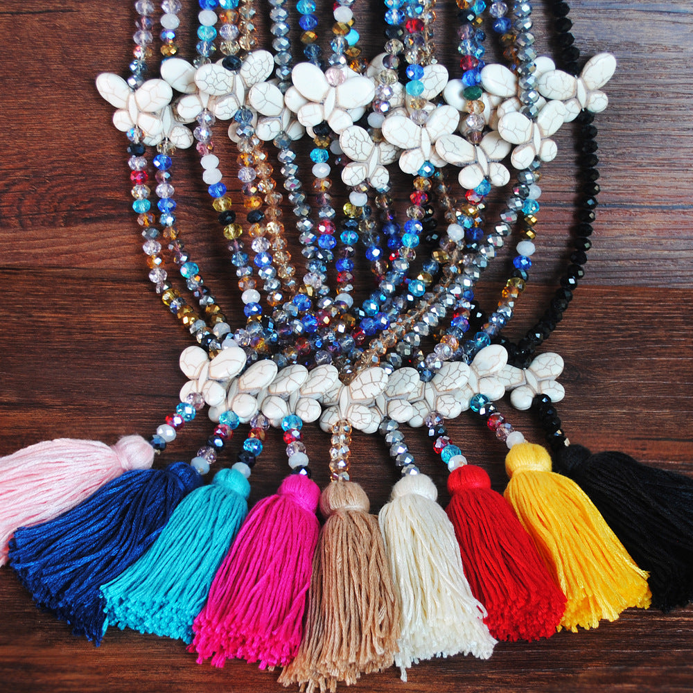 Color Crystal Necklace Female Long Sweater Chain Turquoise Butterfly Necklace Jewelry