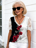 Lace Splicing Fashion Ladies Color Flower Butterfly Floral Print Short Sleeve T-Shirt