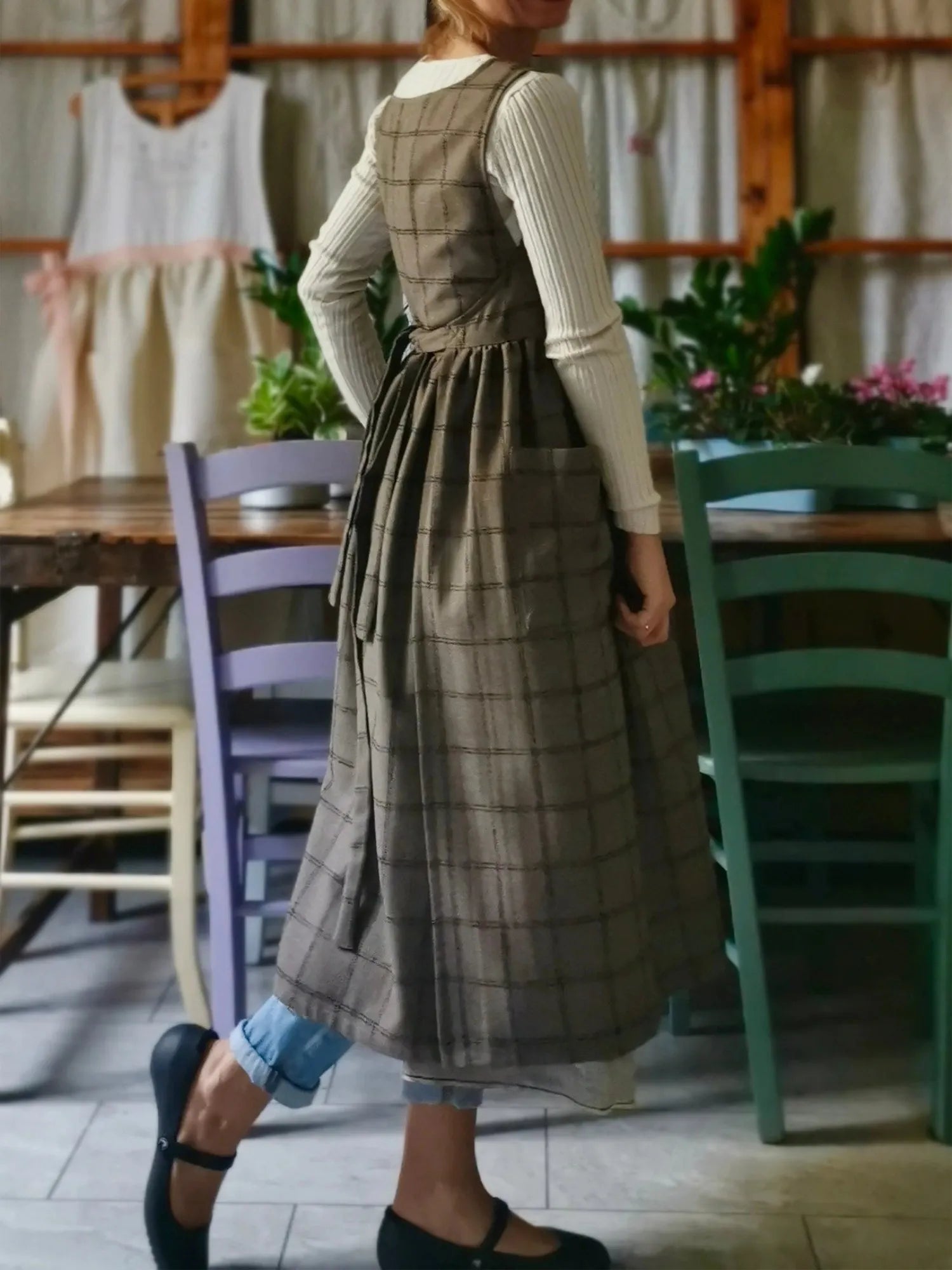 Brown Tartan Apron with Pockets