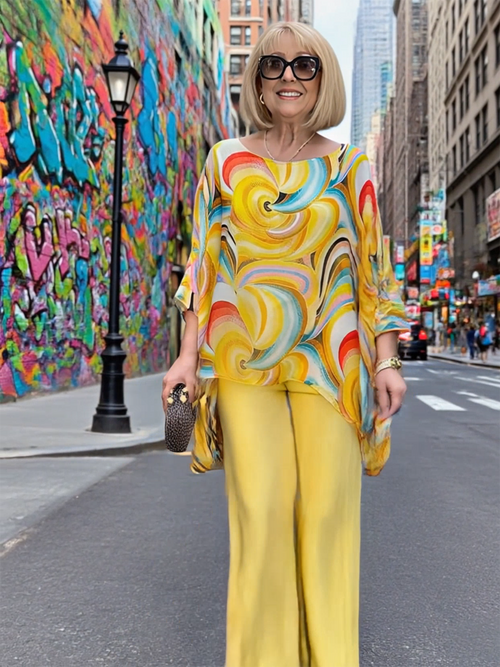 2Pcs Color Chiffon Set Casual Crew Neck Printed Two-piece Set Women