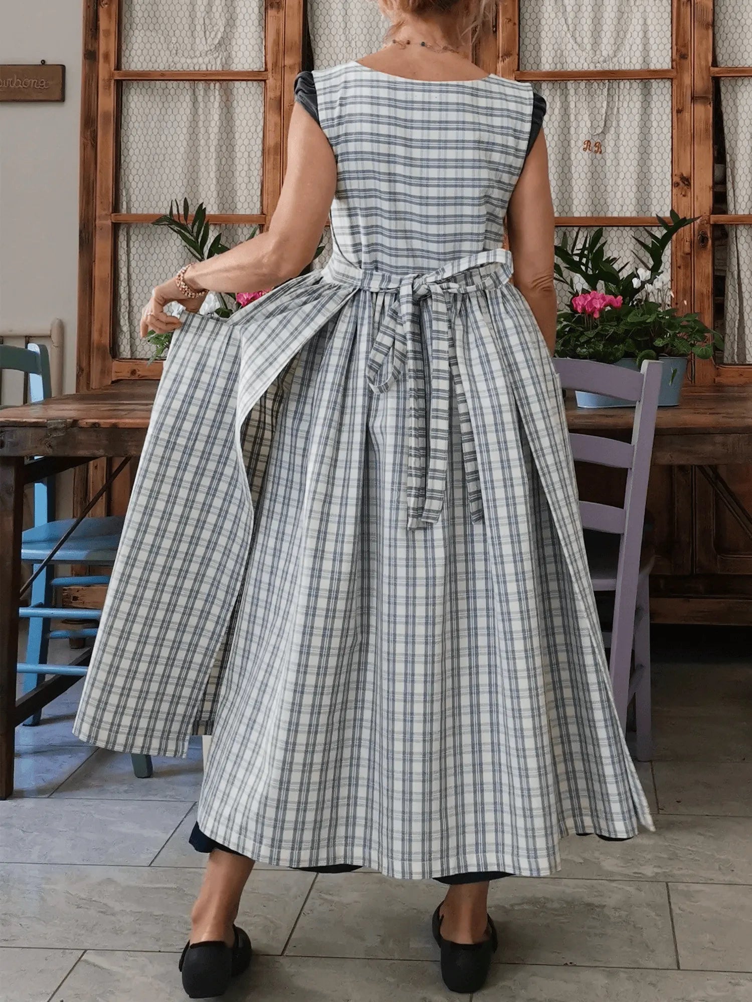 Light Blue and Cream Tartan Cotton Apron