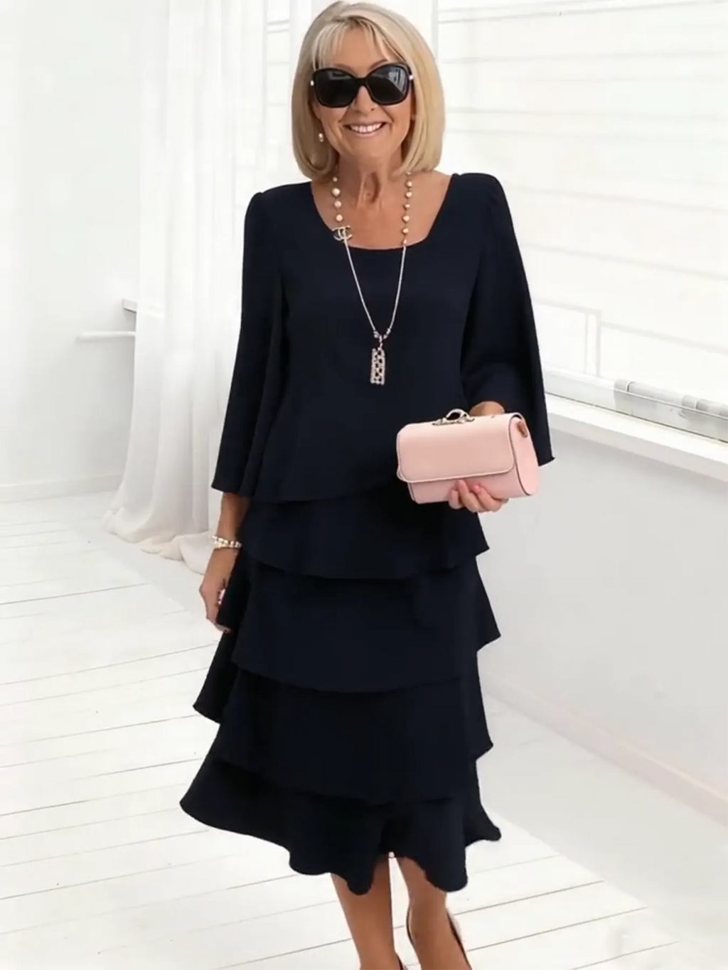 Long Dress Half Sleeve Fashion Cake Skirt Women's Temperament Loose and Thin Round Neck Dress