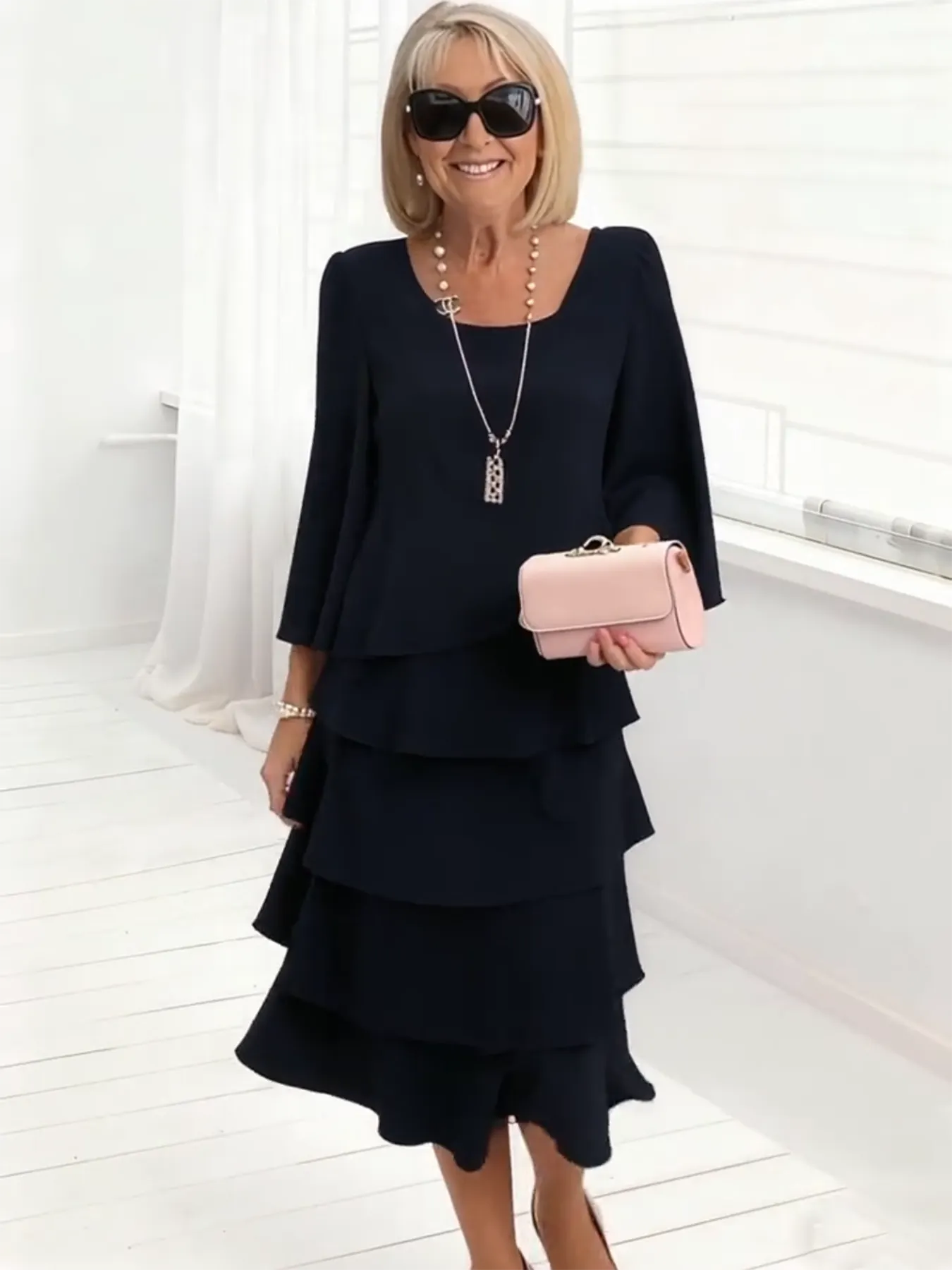 Long Dress Half Sleeve Fashion Cake Skirt Women's Temperament Loose and Thin Round Neck Dress