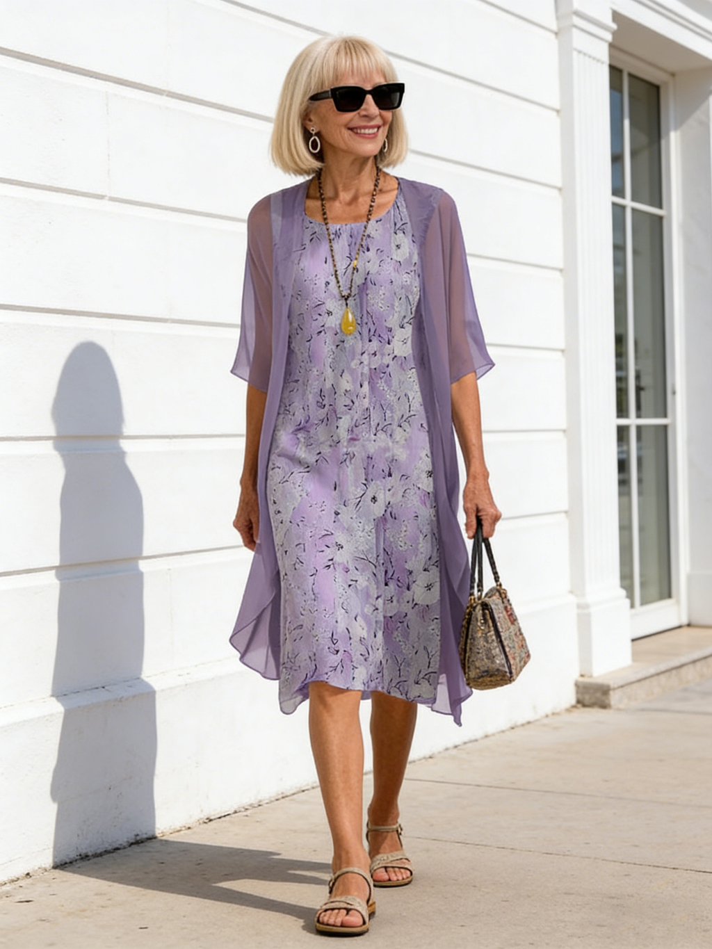 2Pcs Casual Printed Chiffon Dress Two-piece Set