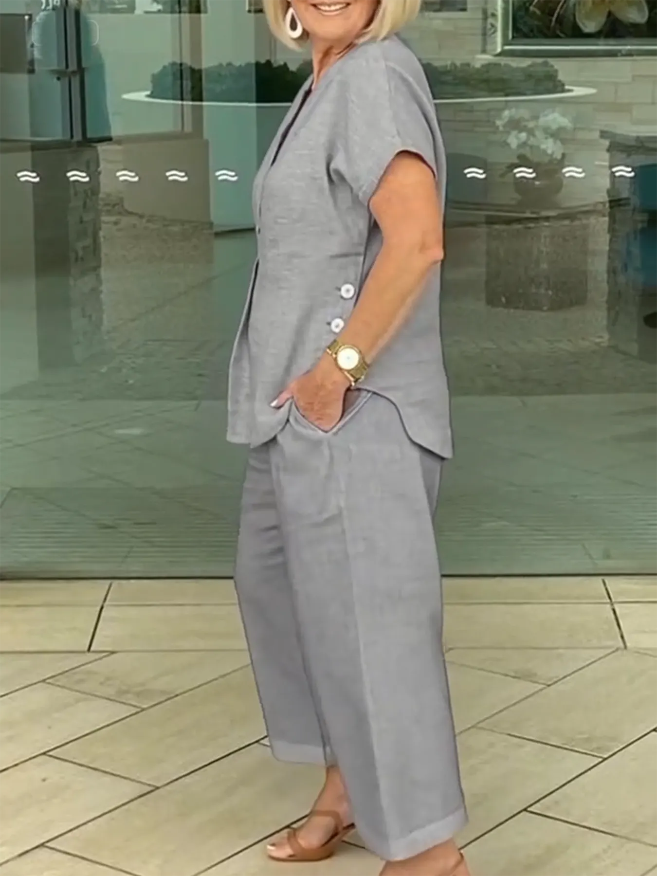 2Pcs Cressia Side Button Top Cotton and Linen Pants
