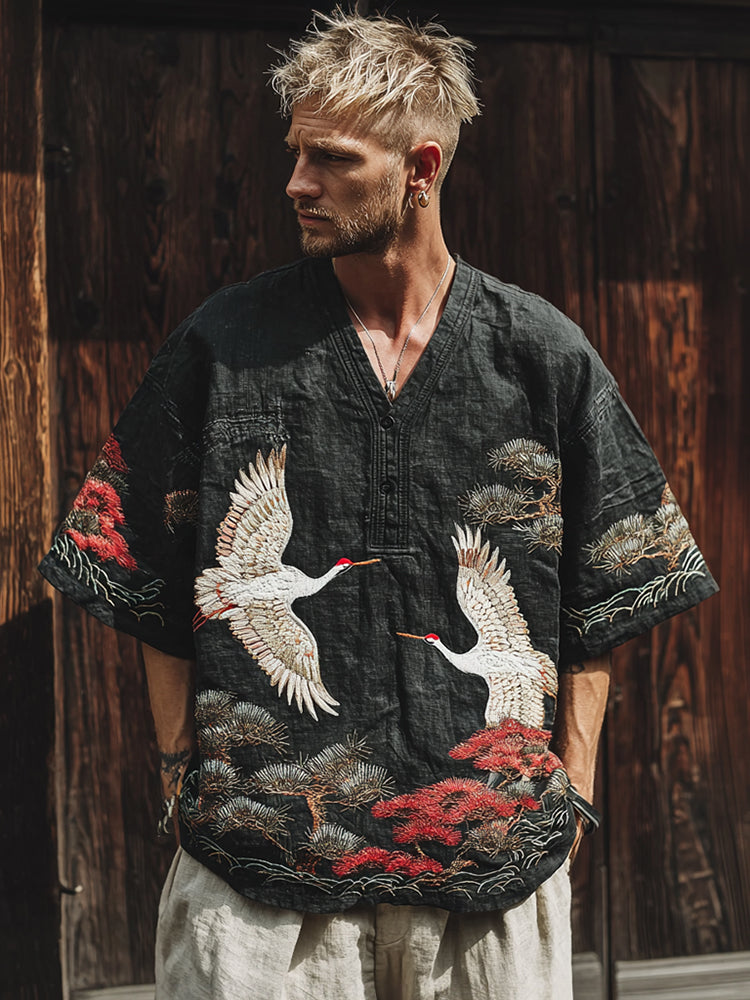 Men's Japanese Art Pine Crane Embroidery V-neck Linen Blend Casual T-shirt
