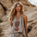Women's Bohemia Ethnic Style Linen V-neek Sleeveless Top