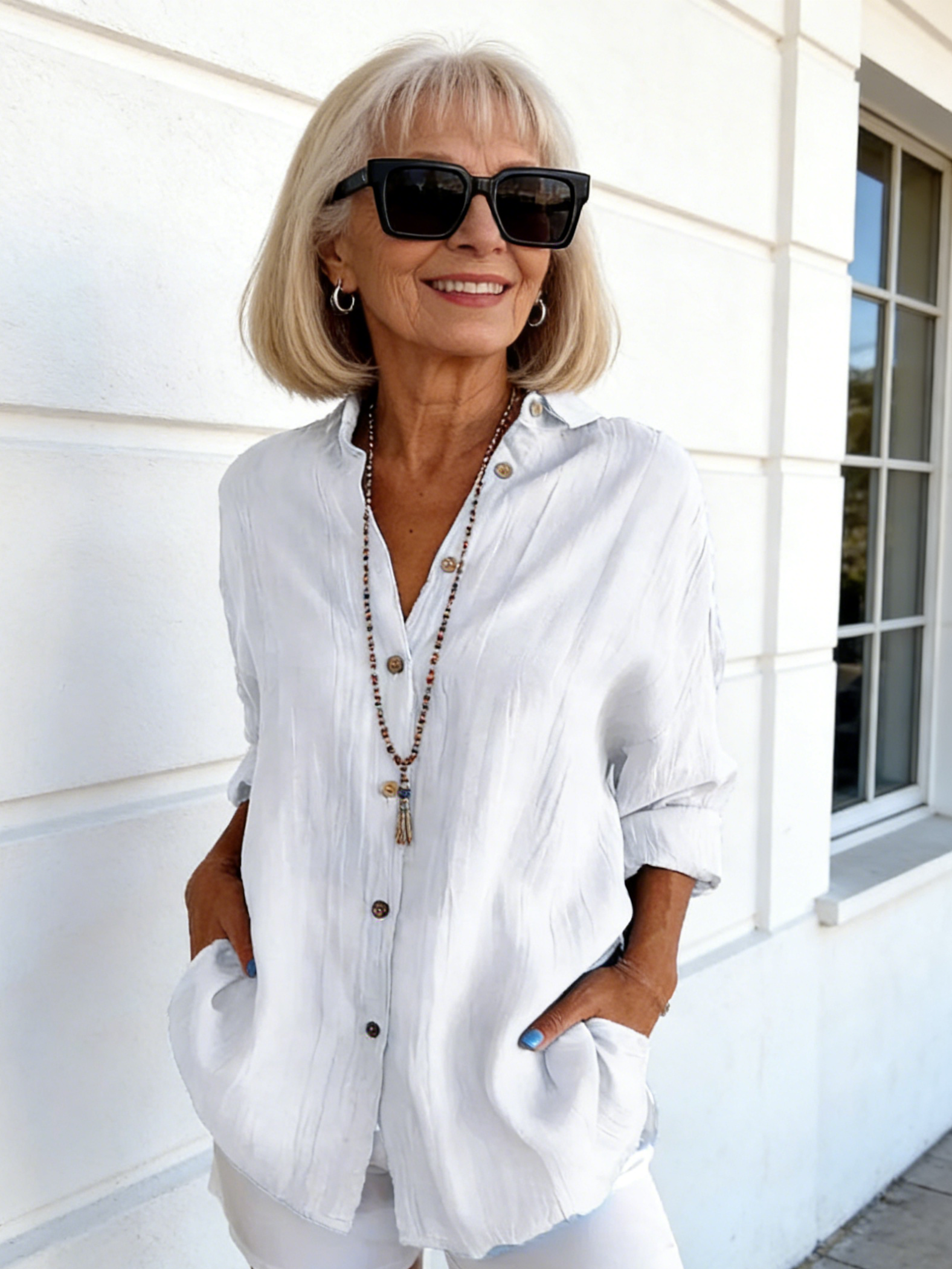 Women's Single-Breasted Pleated Lapel Shirt Solid Color Rollable Sleeves Top