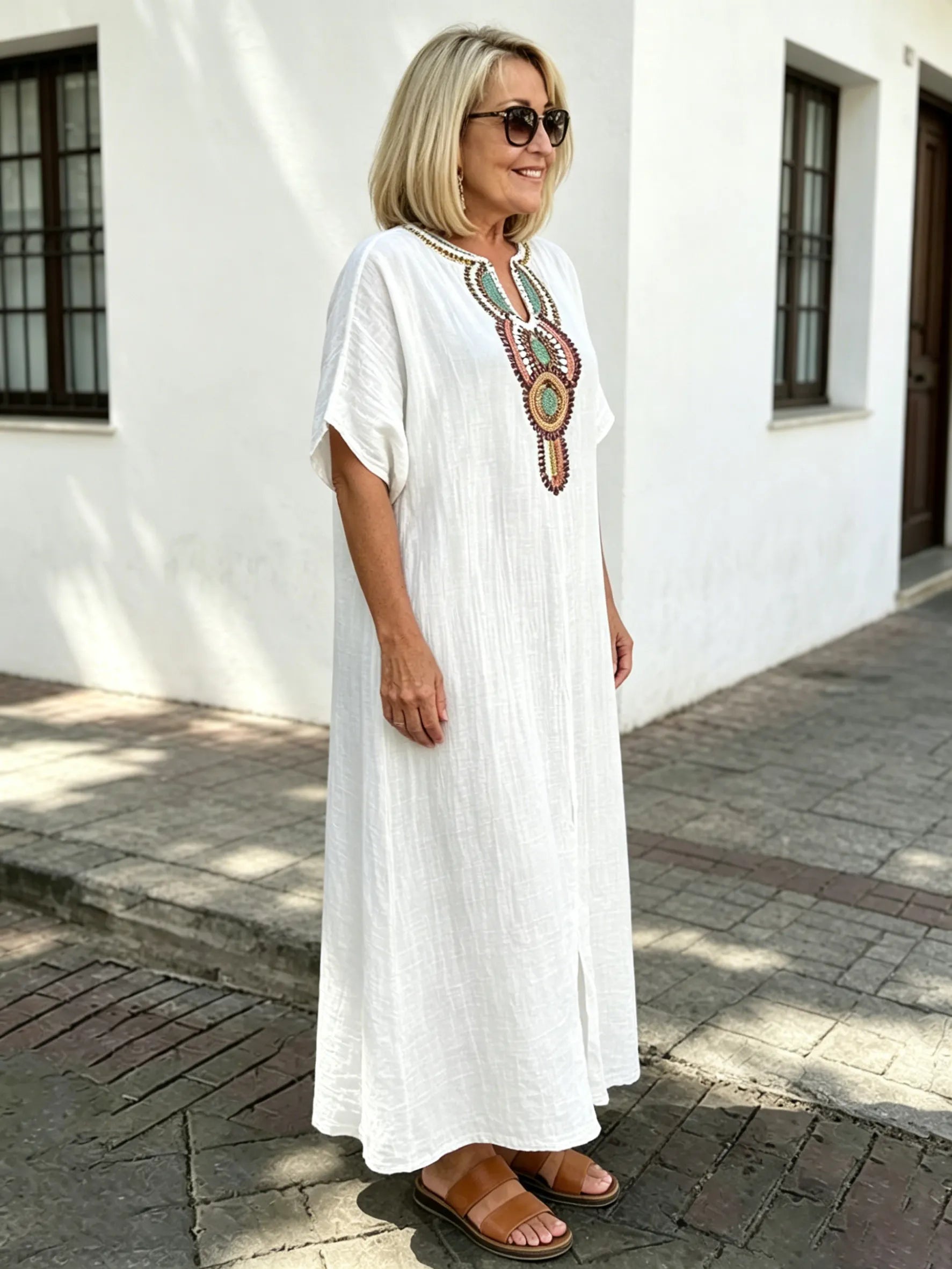 Cotton and Linen Embroidered Split Dress
