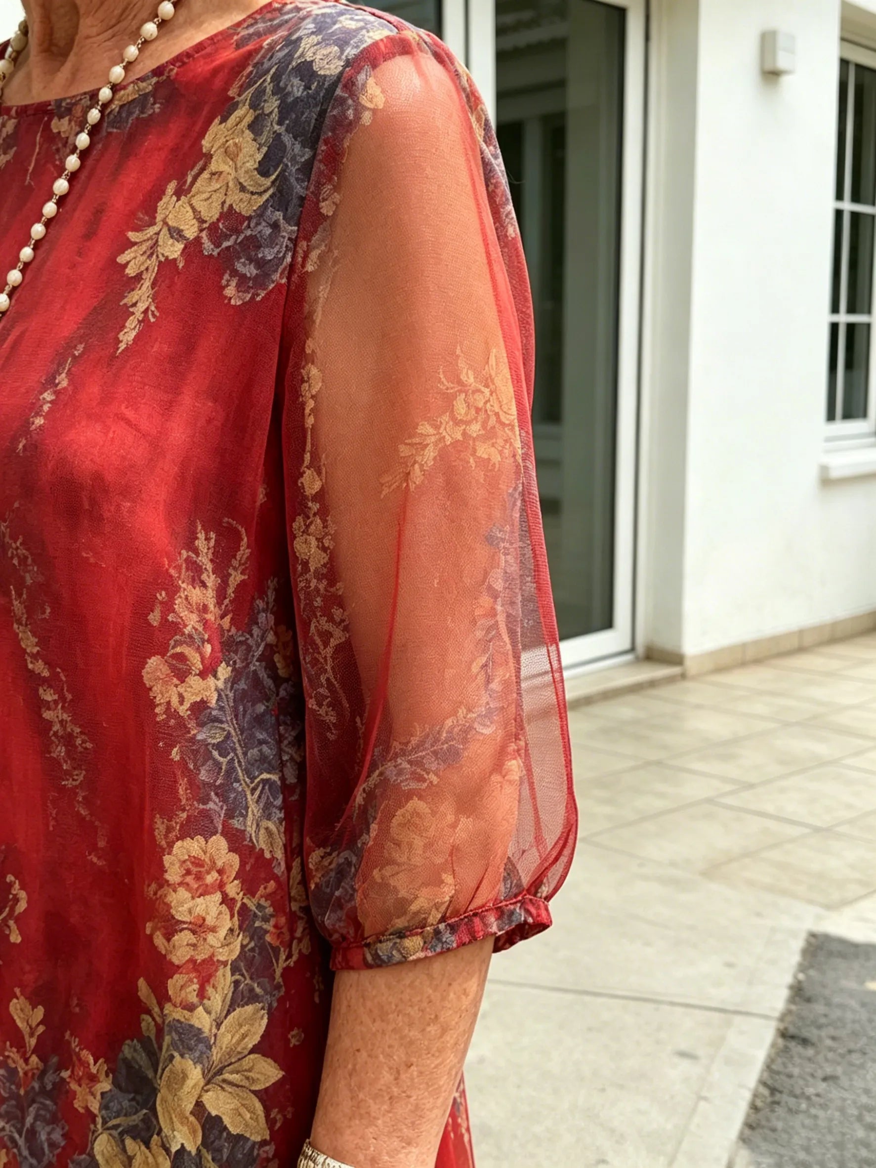 Black Floral Chiffon Midi Dress, Loose Tummy Hiding 3/4 Sleeve Printed Dress for Mature Women