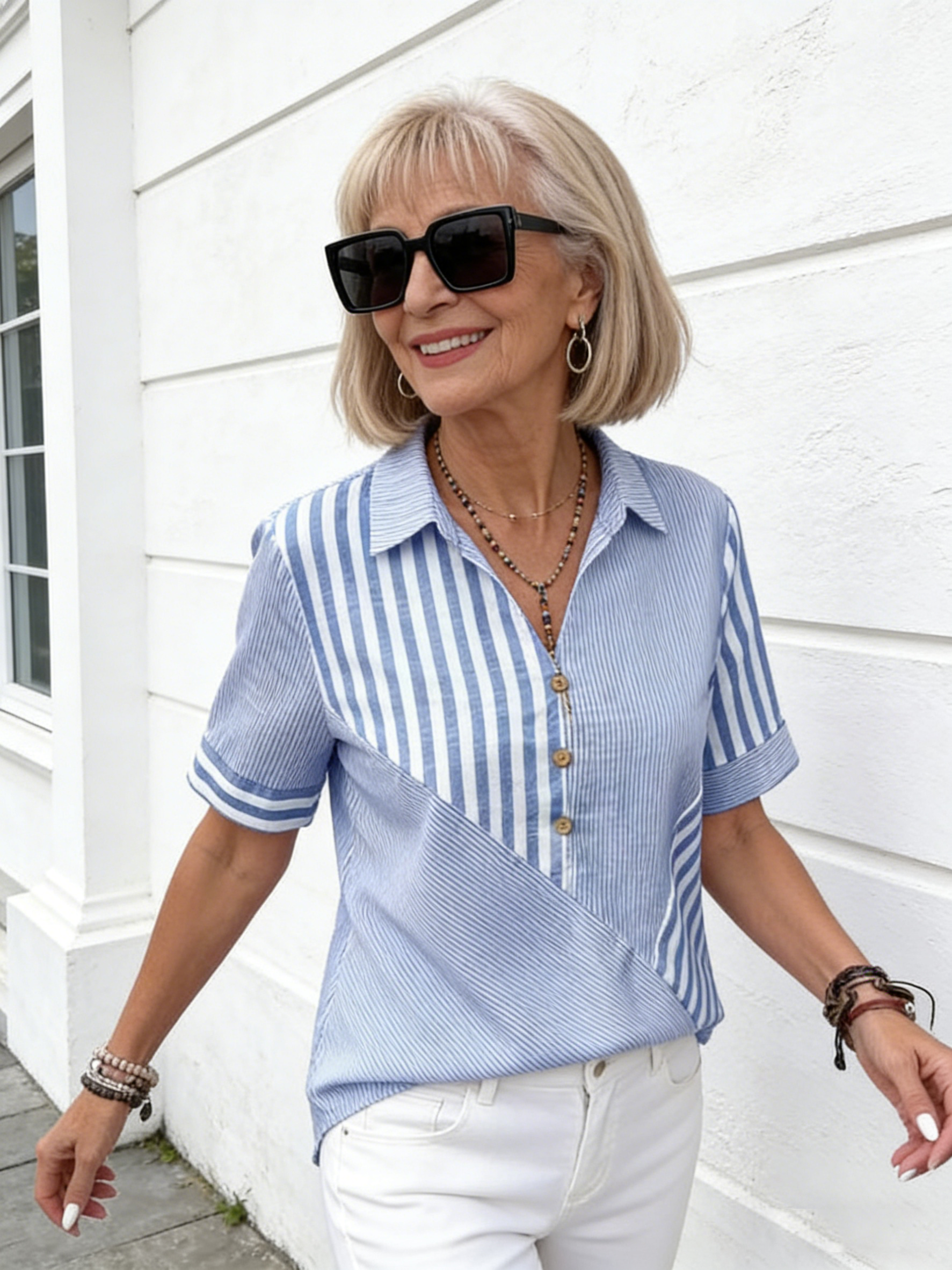 Women Blouse Casual Striped Short Sleeve Notched Regular Loose Shirt