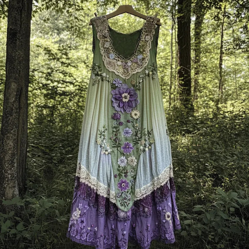 Vintage Boho Lavender Art Linen Patchwork Art Linen Tank Dress
