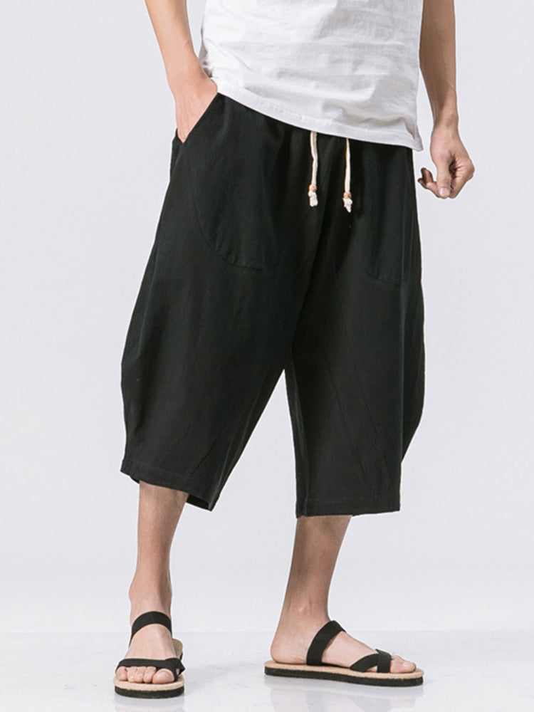 Men's Vintage Japanese Pocket Cotton Linen Casual Capri Pants