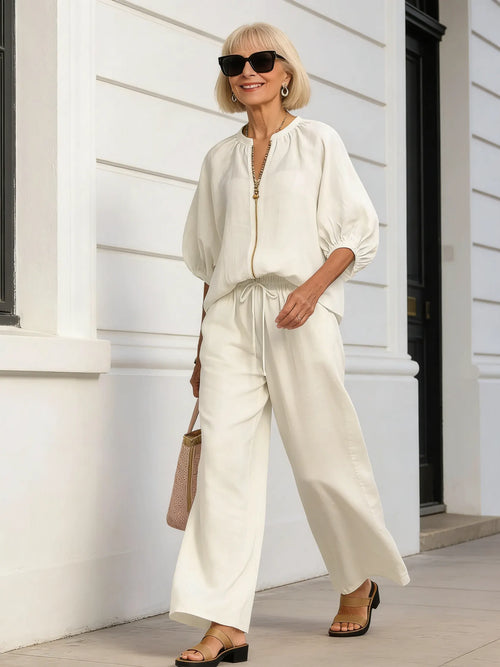 2Pcs Women's Casual Loose Solid Color Zipper Round Neck Wide-leg Pants Suit Women