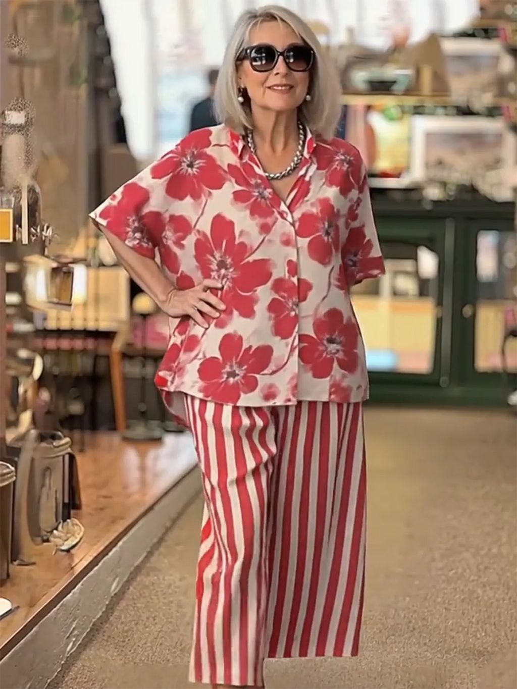 2Pcs Lapel Loose Geometric Printing Casual Set