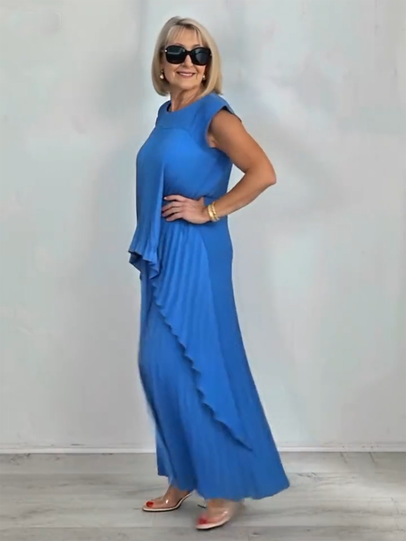 2Pcs Crew Neck Solid Color Sleeve Top Pleated Straight Pants Set Two-piece Set