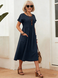 Solid Pocket Patched Pleated Detail Smock Dress Teacher Clothes