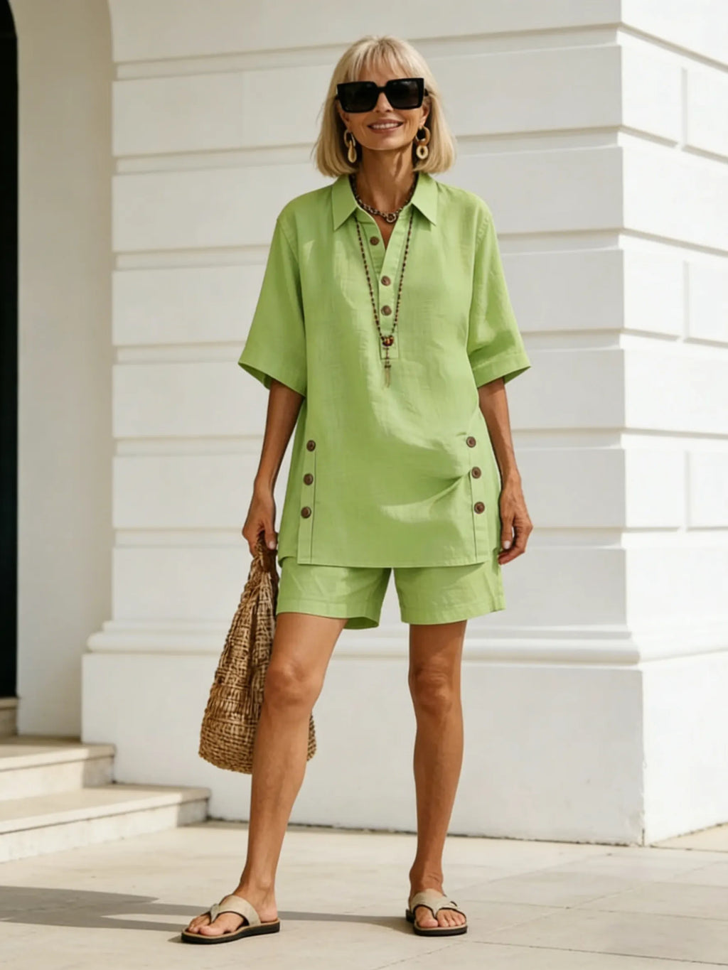 2Pcs Cotton and Linen Women's Short-sleeved Shirt Loose Pants Two-piece Set