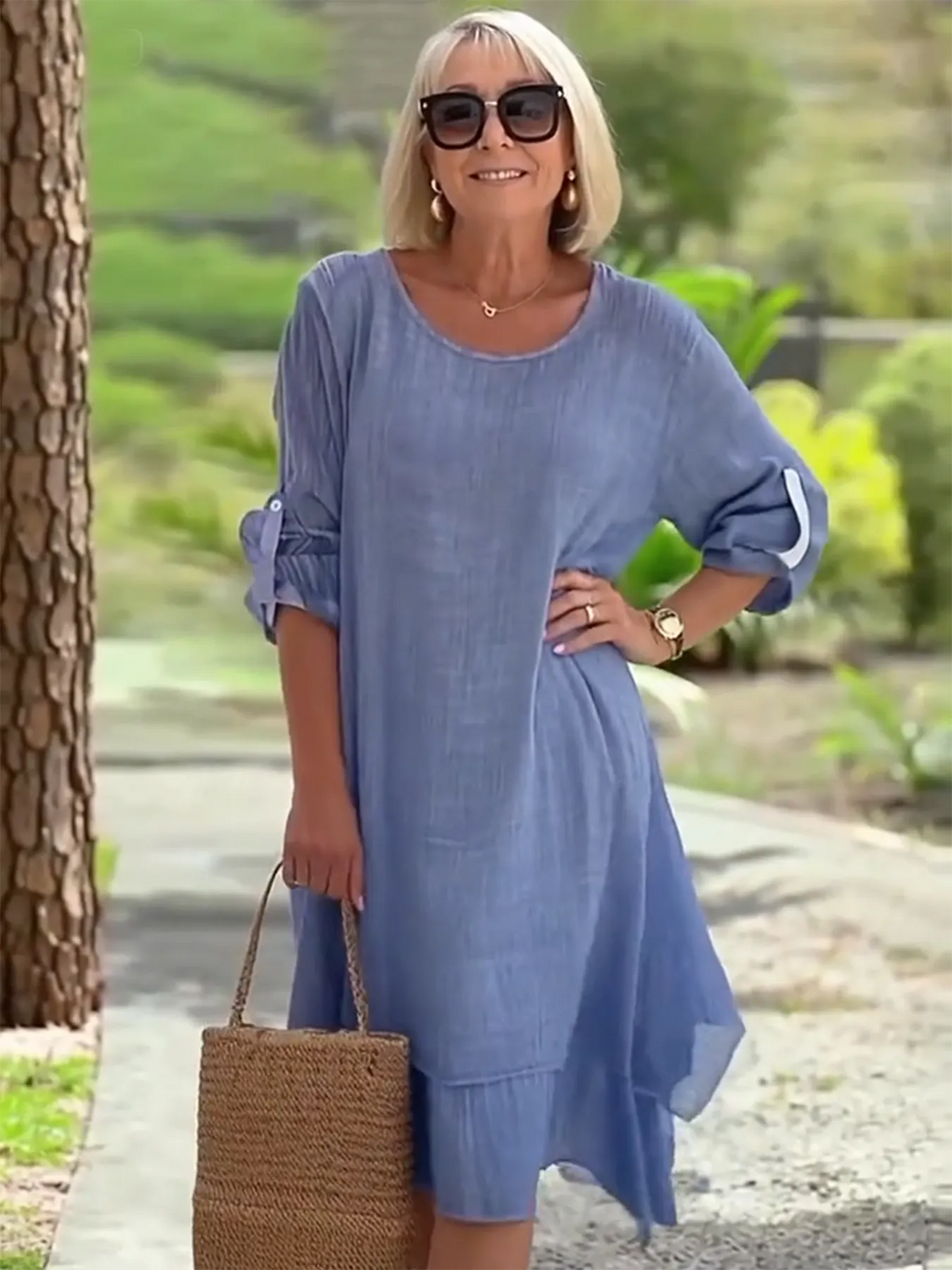 Casual Round Neck Long sleeved Double layered Elegant Solid Color Dress