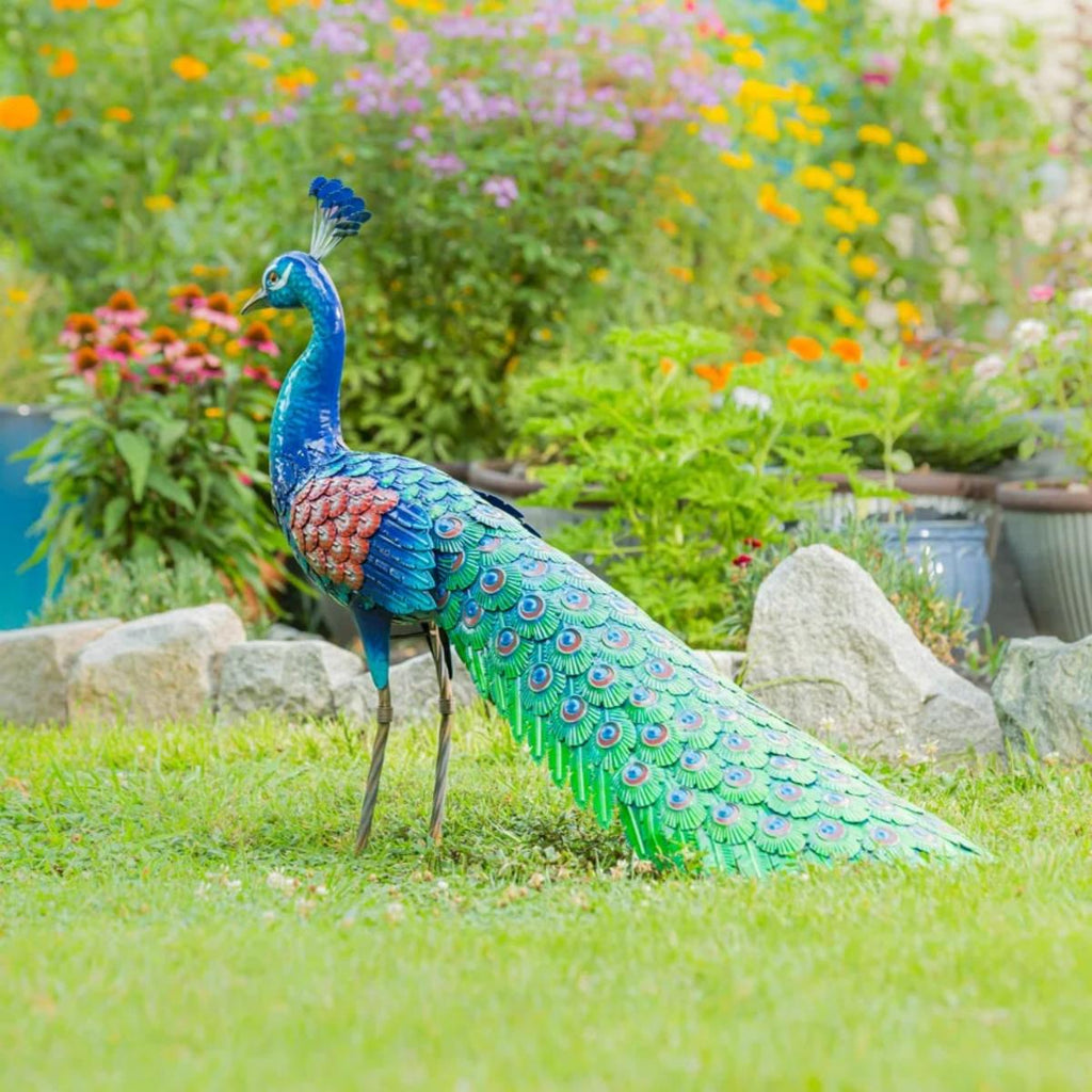 36" Colorful Metal Peacock Garden Statue