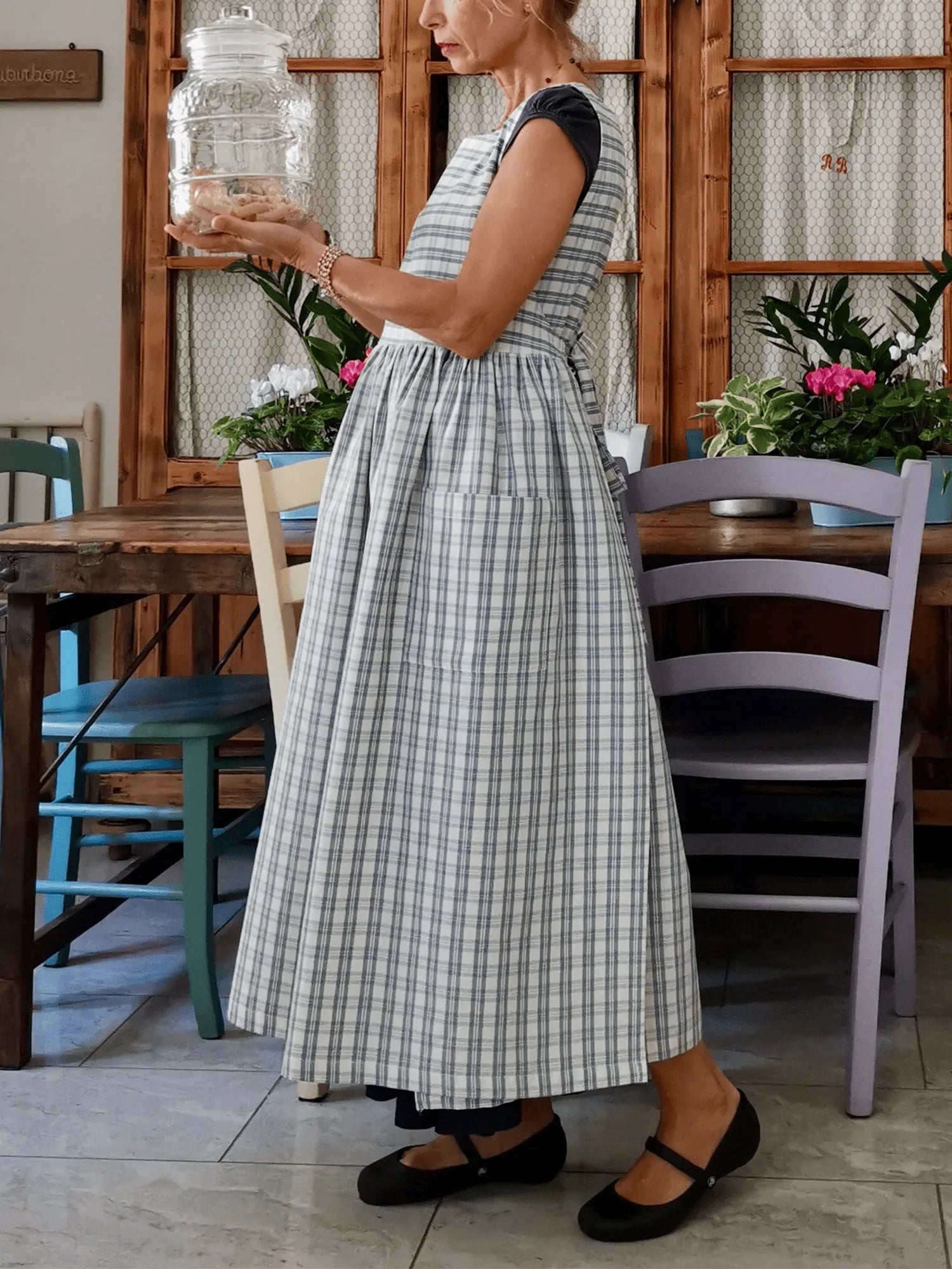 Light Blue and Cream Tartan Cotton Apron