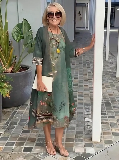 3/4 Sleeve Printing Coat & Dress Two-Piece Suit